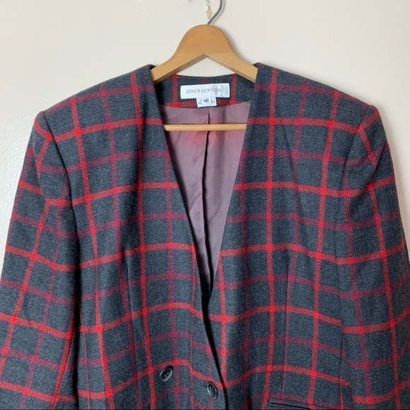 [Jones New York] Vintage Dark Gray & Red Plaid Academia Wool Blazer - Picture 2 of 10